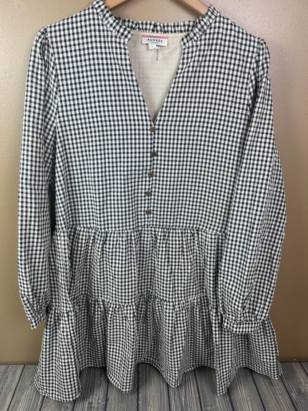Black and White Gingham Tiered Long Sleeve Mini Dress Size Large Andree by Unit